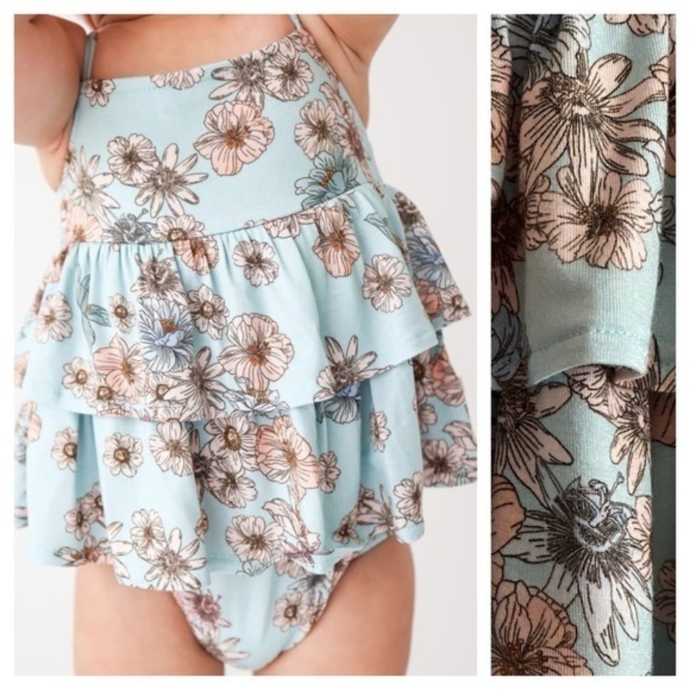 Posh Peanut Blue Floral Natalie Print Bamboo Spaghetti Bubble Romper Dress